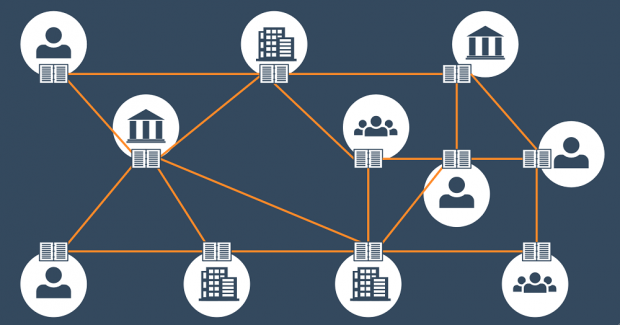 A diagram representing how distributed ledger technology works. It represents the sharing of ledgers between different people and organisations.